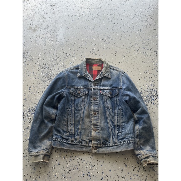 Levi's‎ 42 Vintage distressedBuffalo Plaid Lines Denim Jean Jacket